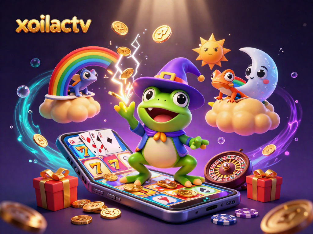 Experience the excitement of xoilactv with a vibrant 3D illustration of a wizard frog and chameleon amidst golden coins.
