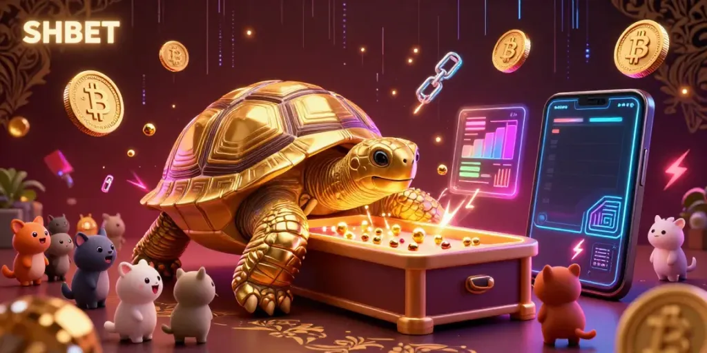 Experience SHBET's exciting gaming world with a glowing tortoise pinball machine and vibrant crypto elements.