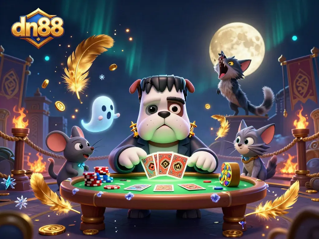 Experience thrilling gameplay at dn88 with a cartoon bulldog dealer and enchanted casino elements.