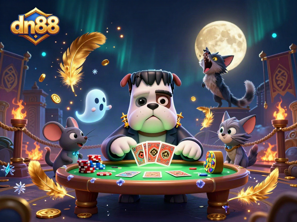 Experience thrilling gameplay at dn88 with a cartoon bulldog dealer and enchanted casino elements.