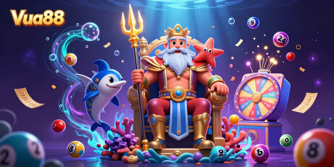 Engage with Vua88's exciting lottery experience in a vibrant underwater scene full of dynamic casino elements.