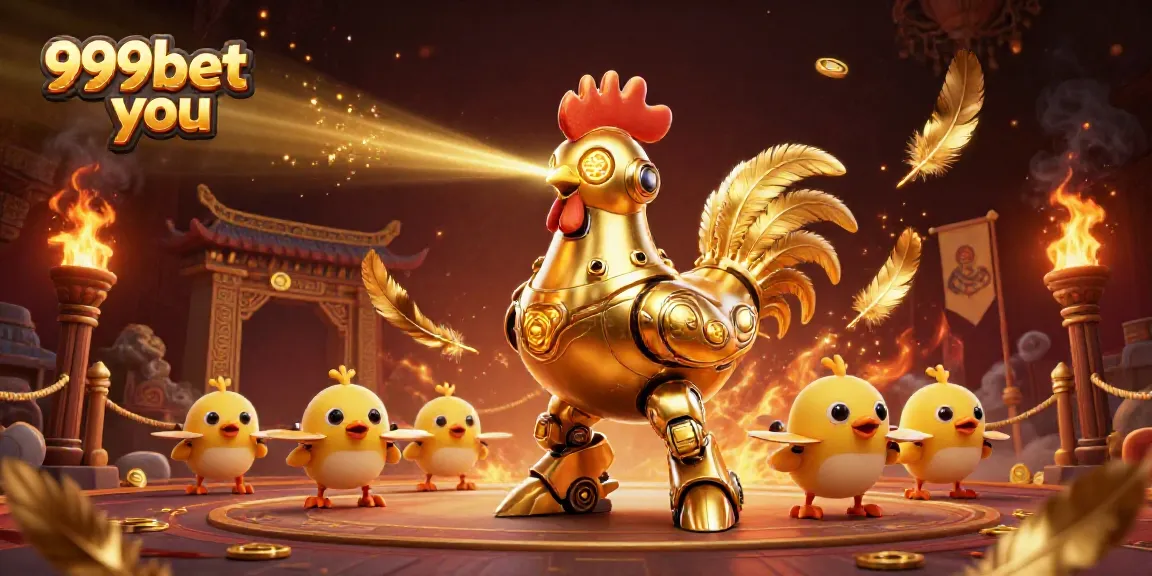 Engaging scene of 999bet you featuring a golden rooster robot and baby chick drones in a captivating casino setting.