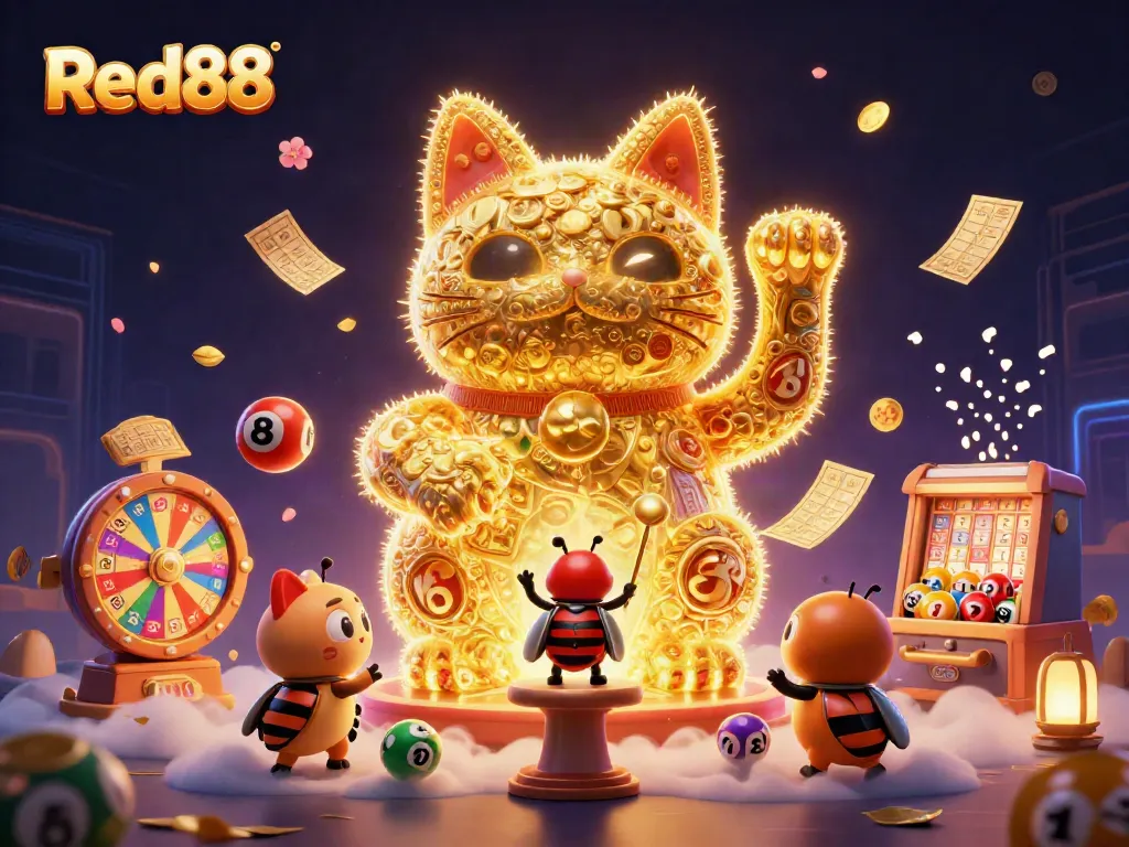 Experience the thrilling atmosphere of Red88 with vibrant casino elements and a whimsical lucky cat.