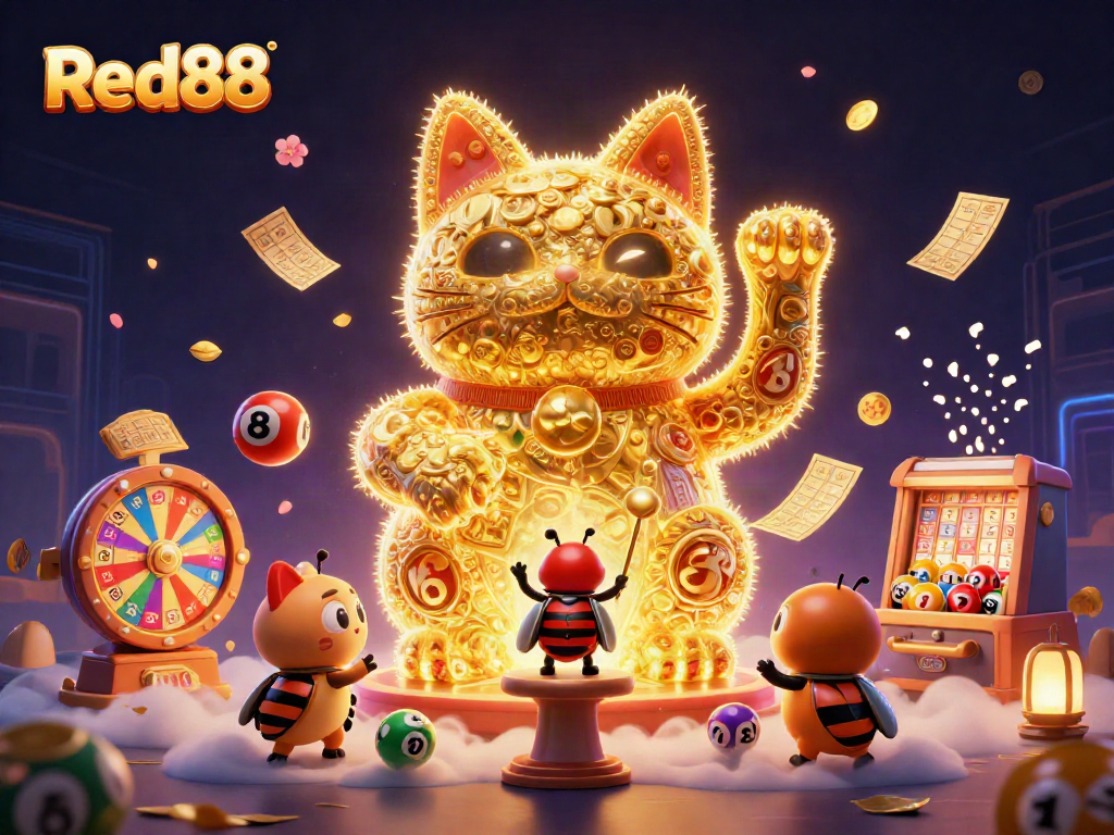 Experience the thrilling atmosphere of Red88 with vibrant casino elements and a whimsical lucky cat.