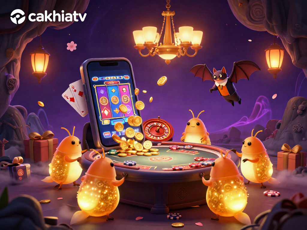 Experience the excitement at cakhiatv with glowworms illuminating a vibrant casino scene, showcasing thrilling slot games and golden coins.