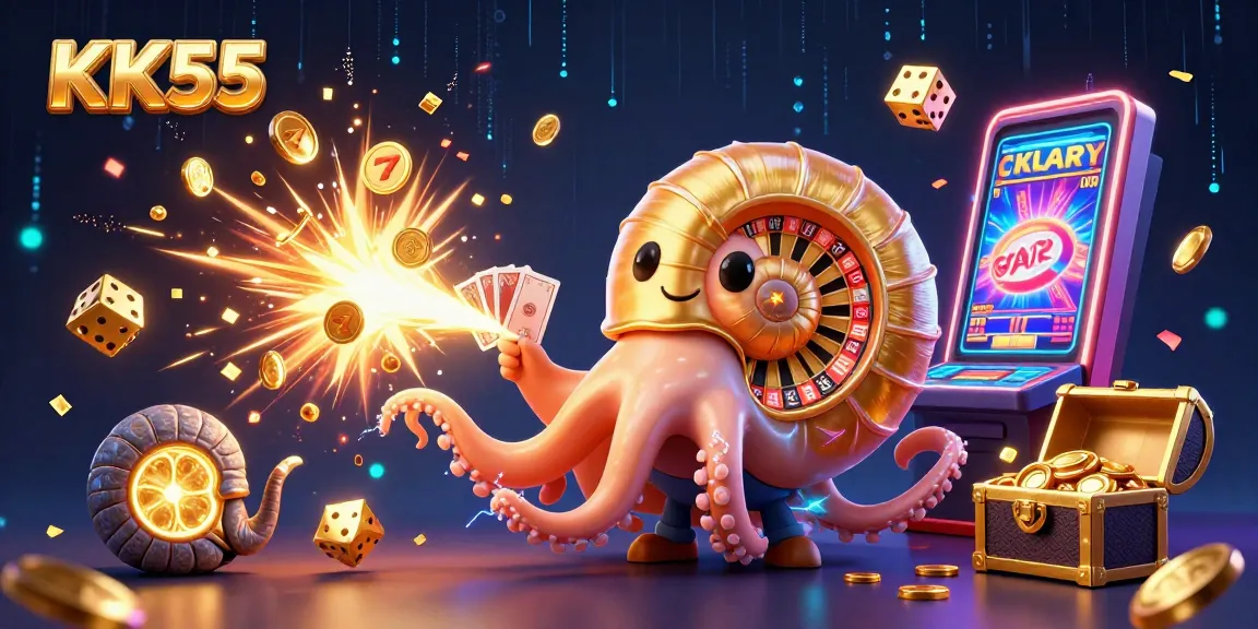 Engage with KK55's vibrant gambling universe featuring a nautilus roulette wheel and jackpot excitement.