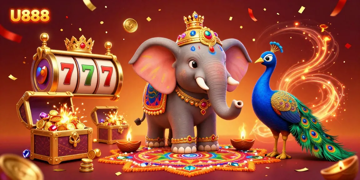 U888 showcases a vibrant scene of a Diwali-themed elephant surrounded by gambling icons and festive decorations.