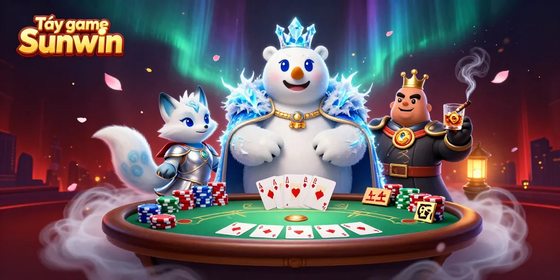 Tải game Sunwin with dynamic casino elements like poker chips and characters in an enchanting scene.