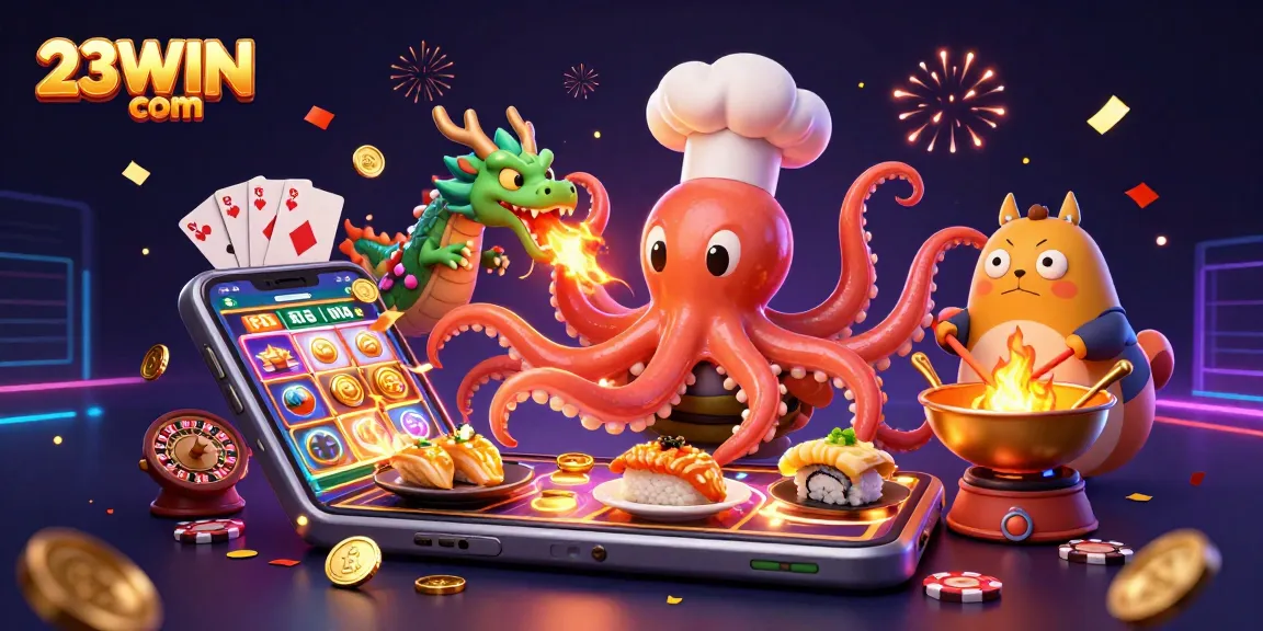 Engage with thrilling games on 23WIN com featuring a vibrant octopus chef illustration.