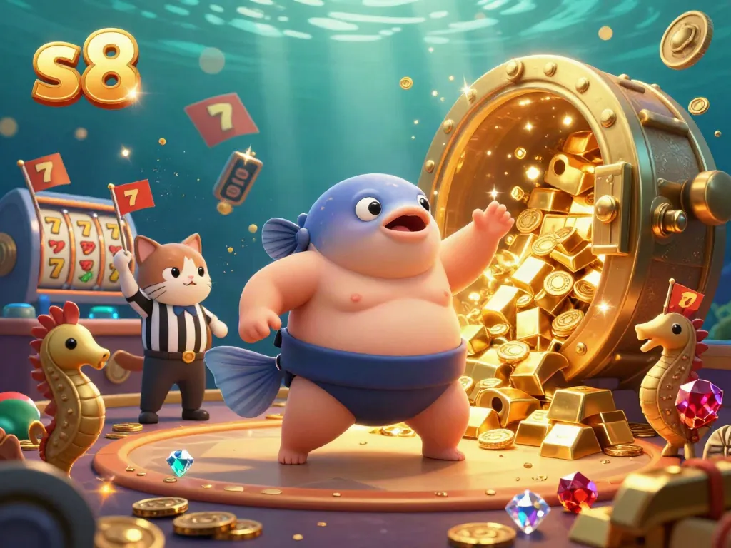 S8 casino illustration featuring a vibrant underwater scene with a fugu, catfish referee, and seahorse spectators enjoying a dynamic gambling atmosphere.