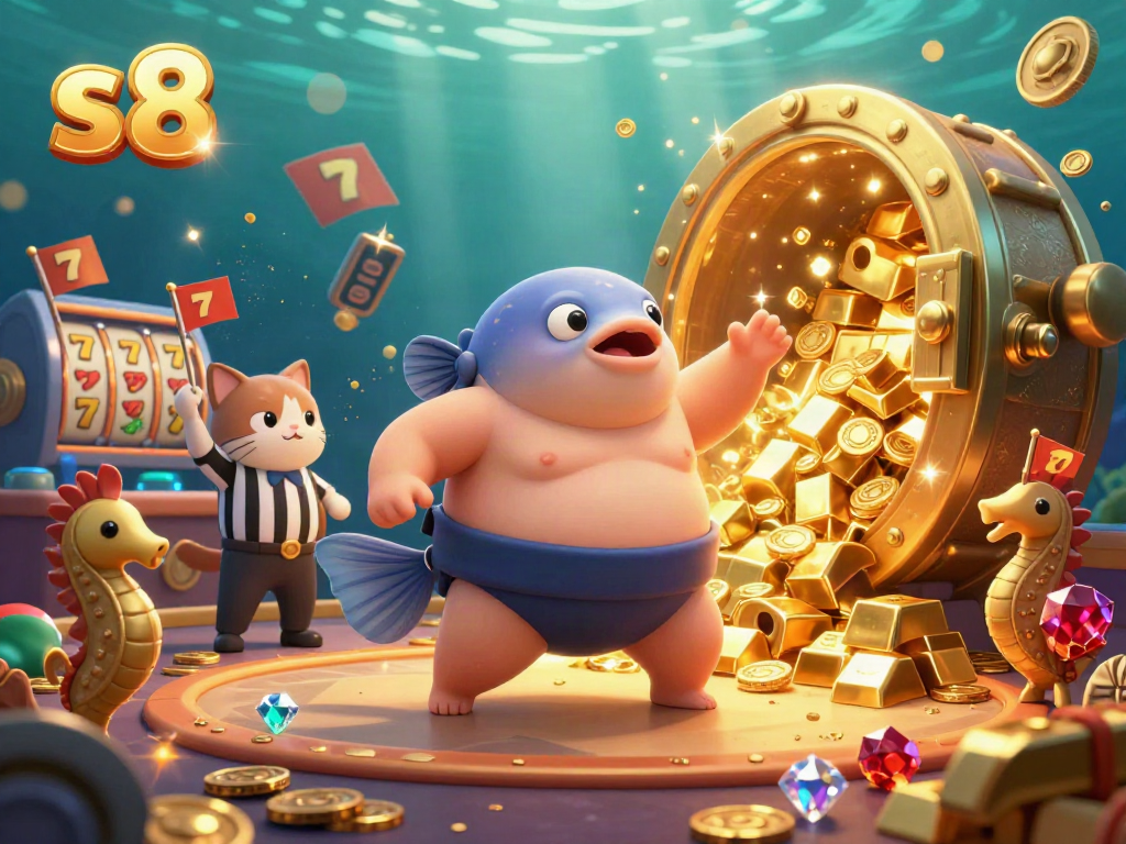 S8 casino illustration featuring a vibrant underwater scene with a fugu, catfish referee, and seahorse spectators enjoying a dynamic gambling atmosphere.