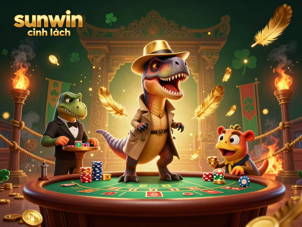 A vibrant 3D scene showcasing the sunwin chính hãng dinosaur characters at a blackjack table, amidst dynamic gambling elements and rich details.
