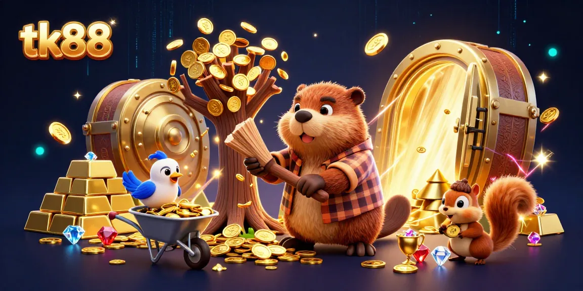 Enjoying excitement with tk88, where a beaver collects coins in a vibrant casino scene.