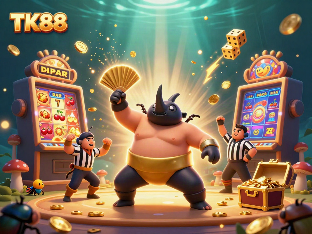 Experience the excitement of TK88 with a vibrant scene of a beetle sumo champion surrounded by casino elements.
