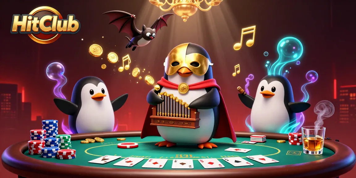 HitClub shines as a penguin plays an organ, launching coins while acrobatic elements surround a poker setting.