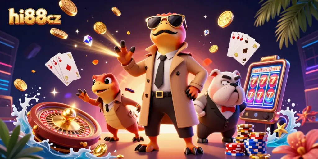 Experience excitement at hi88cz with cartoon raptors in a trench coat entering a VIP casino lounge.