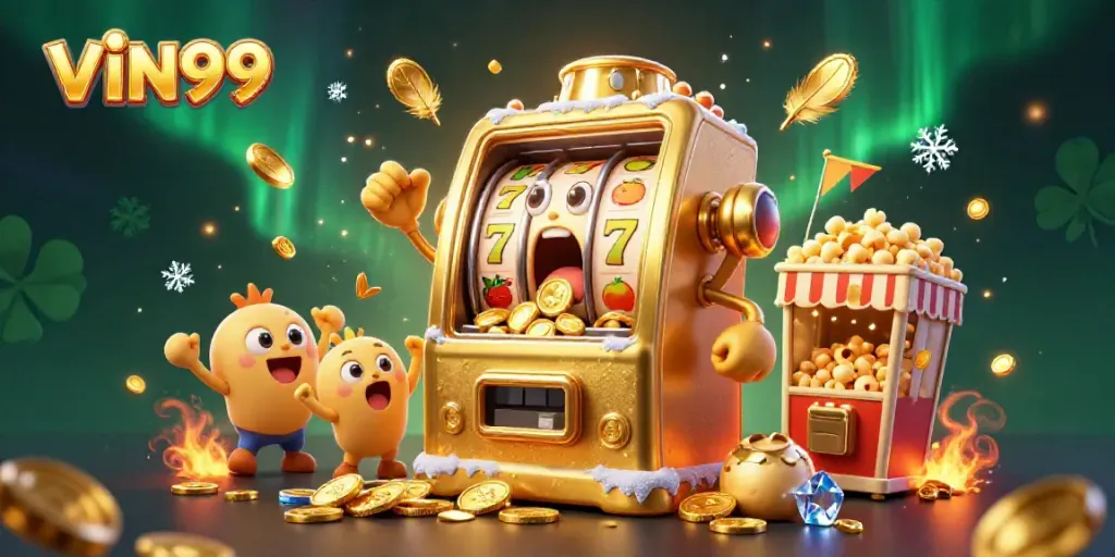 Experience thrilling wins at VIN99 with animated slot machines and golden coins pouring out in this vibrant casino scene.