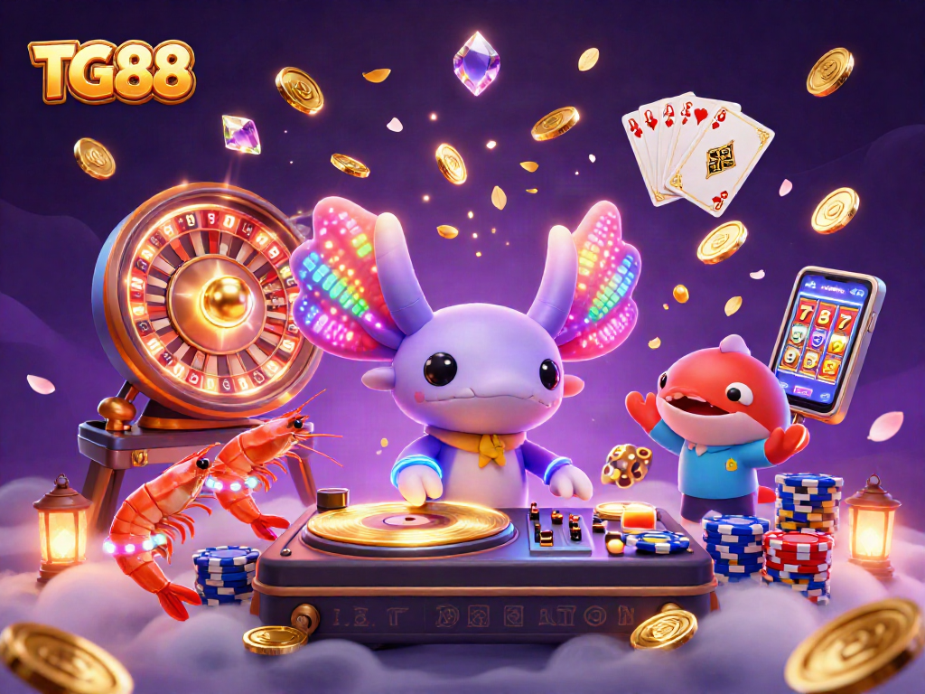 Engage with TG88's vibrant online gaming scene featuring a neon axolotl DJ and dynamic casino elements.