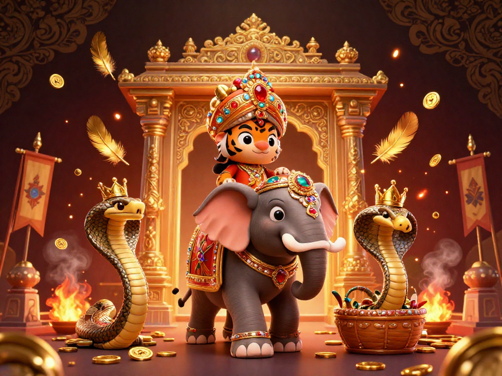 Keno-jackpot excitement embodied in a vibrant scene with a tiger, elephant, and cobra amidst dynamic elements.