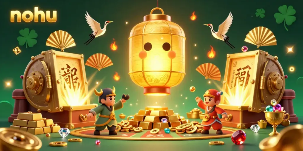 Play slot games at nohu with a magical golden lantern spirit and treasures surrounded by lucky symbols.