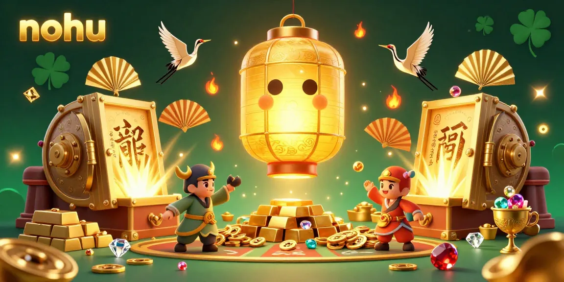 Play slot games at nohu with a magical golden lantern spirit and treasures surrounded by lucky symbols.