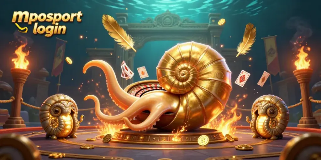 Experience mposport login with this vibrant 3D illustration of a nautilus roulette wheel and winning cards.