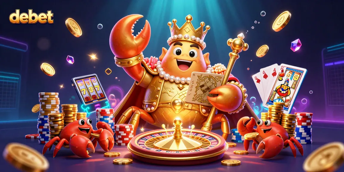 Crab emperor holds scepter and treasure map in a lavish casino scene featuring debet.