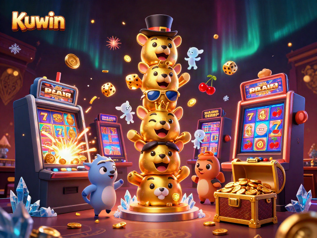 Kuwin's vibrant 3D casino scene showcases a golden totem and slot machine bursting with coins.