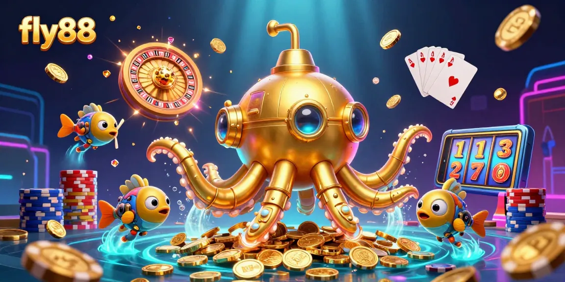 Experience the thrill of fly88's casino games with a golden kraken submarine and dazzling treasures.