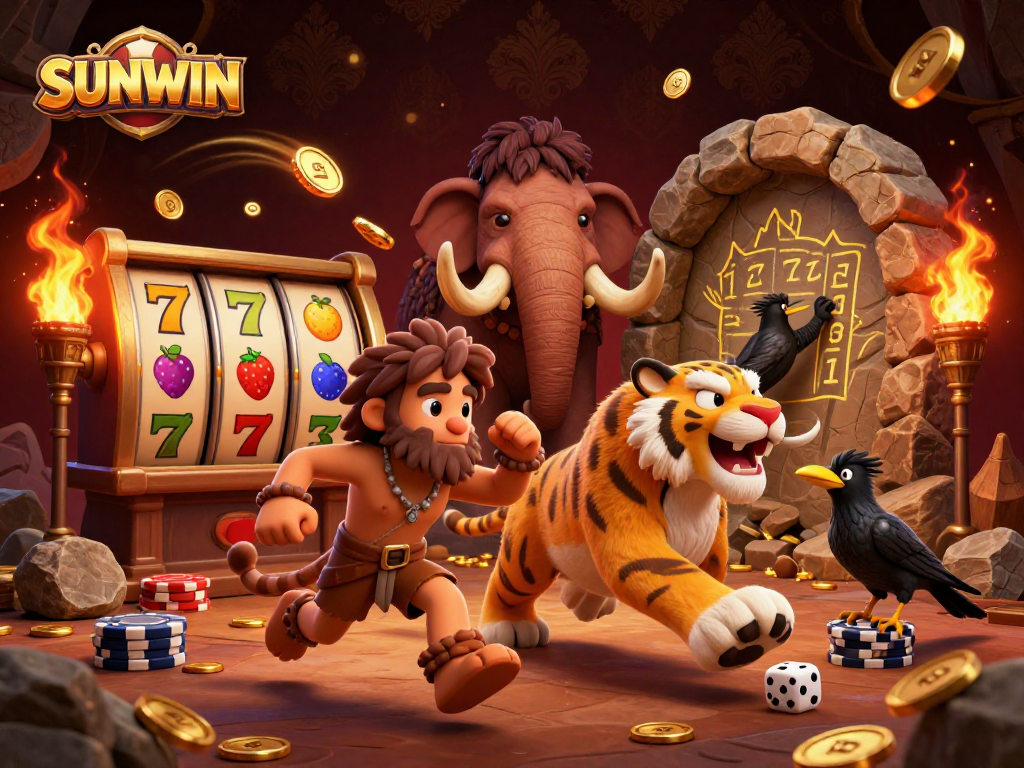 SUNWIN promotes exciting gameplay with cartoon cavemen and sabertooth running a game-filled casino