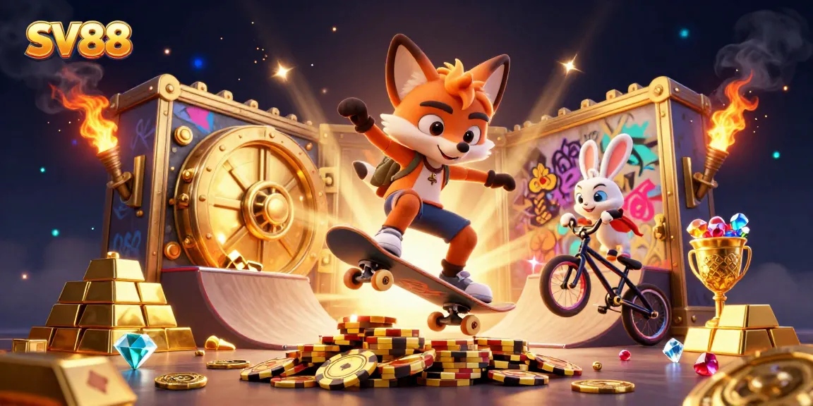 Jump into the excitement of SV88 with a skateboarder fox performing tricks over golden poker chips, surrounded by treasures.