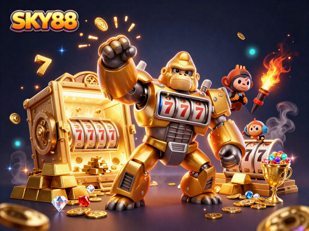 Engage with SKY88 as the golden gorilla mech reveals slot treasures in a festive casino dynamic.