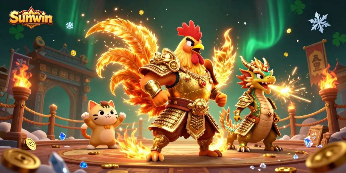 Experience the excitement of Sunwin with a dynamic fighting scene featuring a warrior rooster and a dragon.