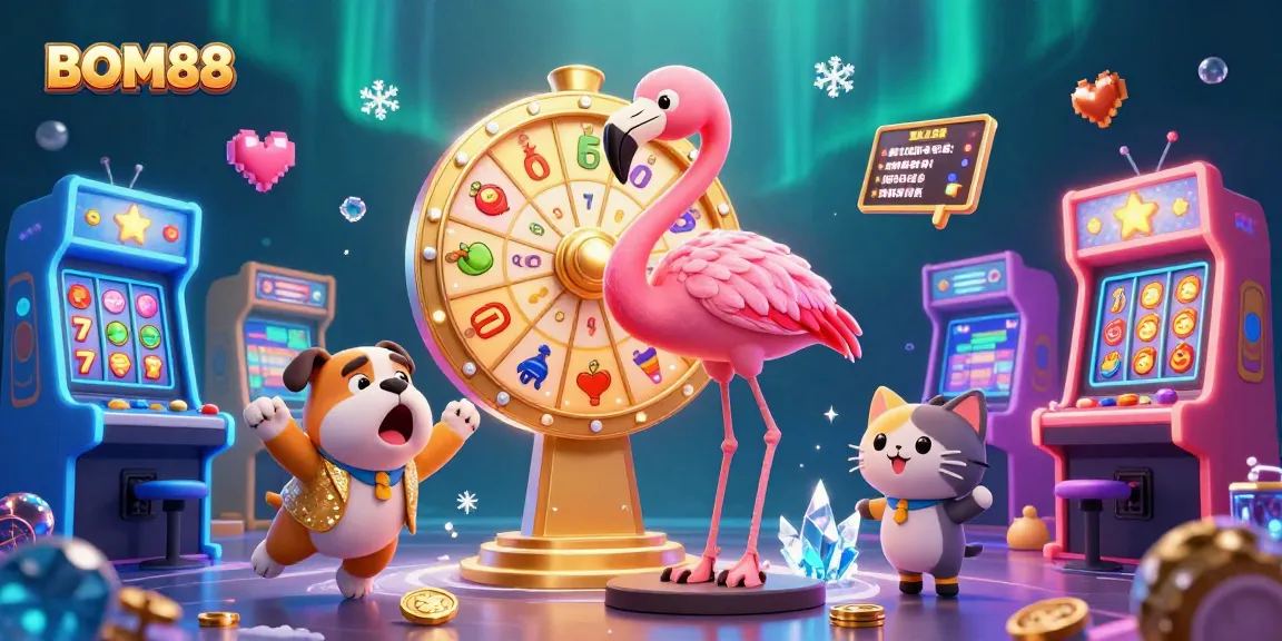 Engage with BOM88's vibrant casino scene featuring a flamingo host, excited bulldog, and scoreboard cat amidst slot game excitement.