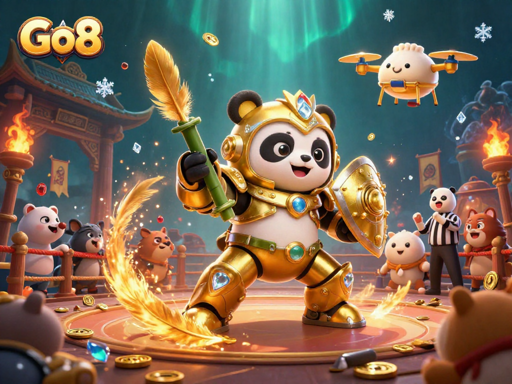 Experience the thrill at Go8 with a vibrant casino scene showcasing a mech-suit panda and gold coins.