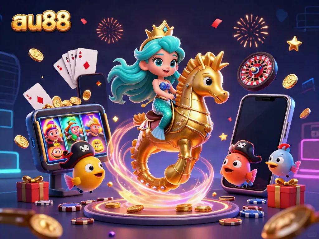 Experience the vibrant undersea adventure of au88 with a mermaid, seahorse, and rich gaming elements.