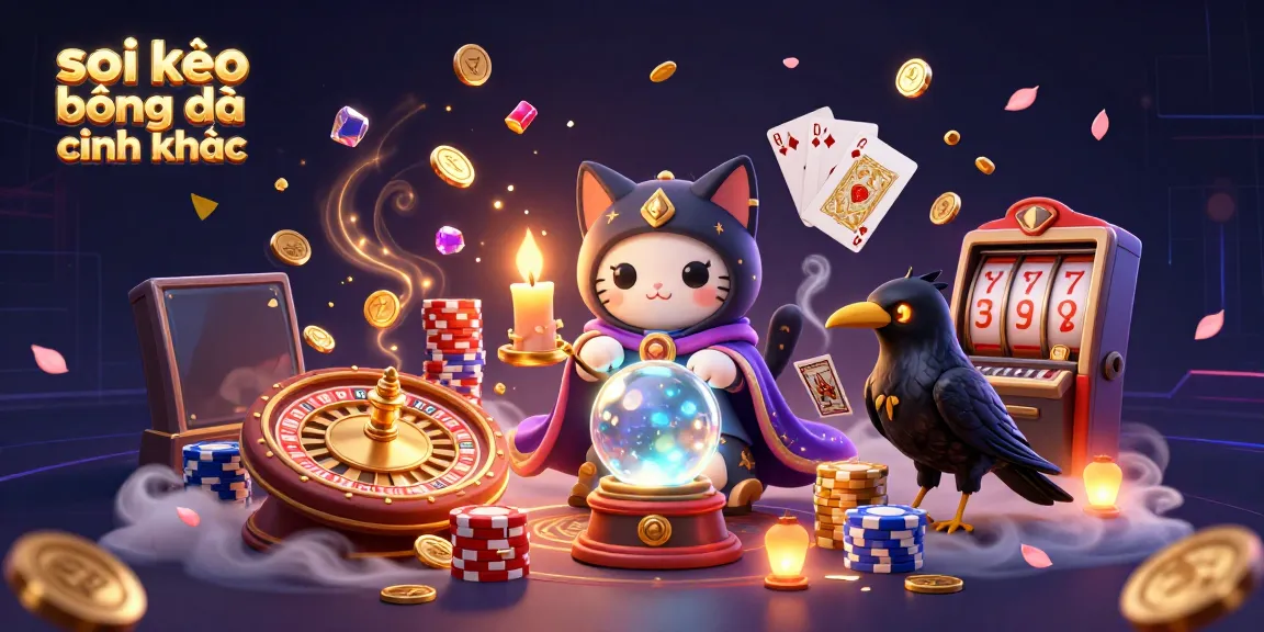 Soi kèo bóng đá chính xác with a mystical cat, a raven, and vibrant casino elements in a magical scene