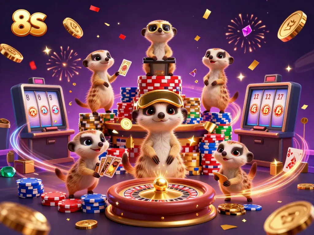 Engaging casino scene featuring meerkats gambling at 8S, with vibrant colors and action.