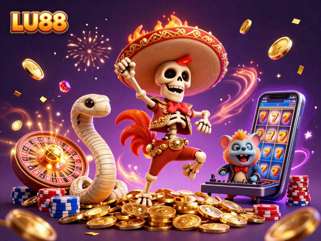 Experience the excitement with LU88 featuring a mariachi rooster and a mummy snake celebrating with casino elements.