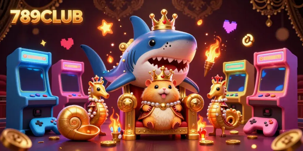 Engage with 789CLUB's vibrant gaming world, featuring a tiny hamster king and his royal allies on a megalodon throne.