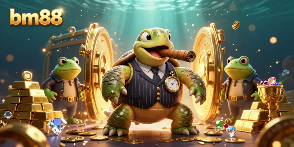 Experience bm88's vibrant casino atmosphere with a massive turtle mobster and bullfrog enforcers.