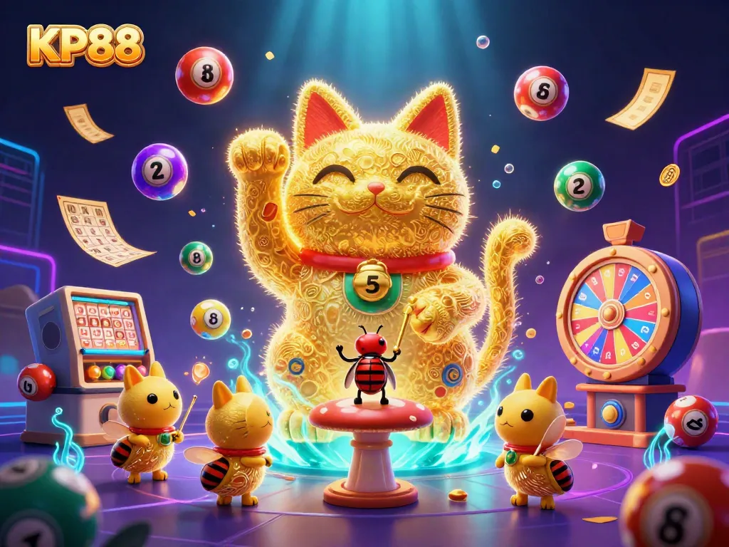 Experience KP88's vibrant casino world; golden lucky cat, colorful lottery elements, and a magical ambiance.
