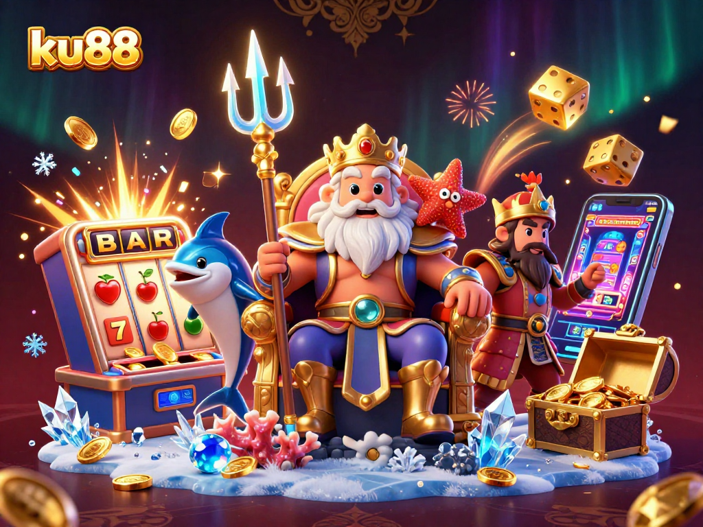 Engage with ku88's thrilling 3D casino world featuring vibrant slot machines and festive elements.