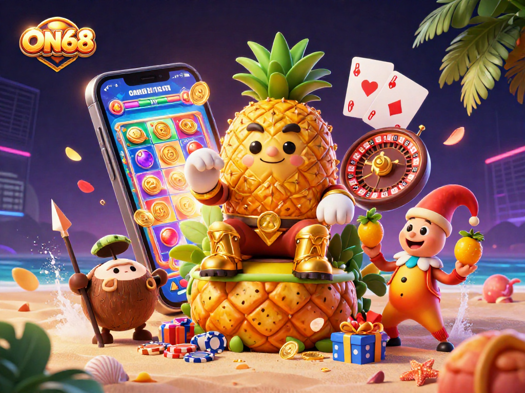 Experience online gaming excitement with ON68's vibrant 3D casino illustration showcasing a tropical theme.