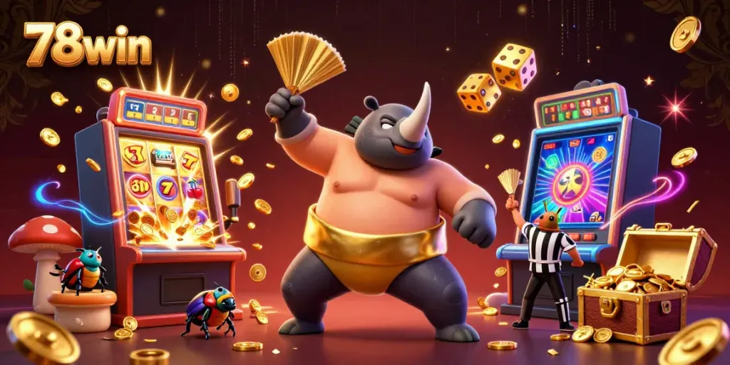 Experience thrilling wins at 78win with a vibrant casino scene featuring a beetle champion and slot machine bursts.