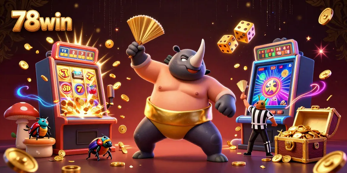 Experience thrilling wins at 78win with a vibrant casino scene featuring a beetle champion and slot machine bursts.