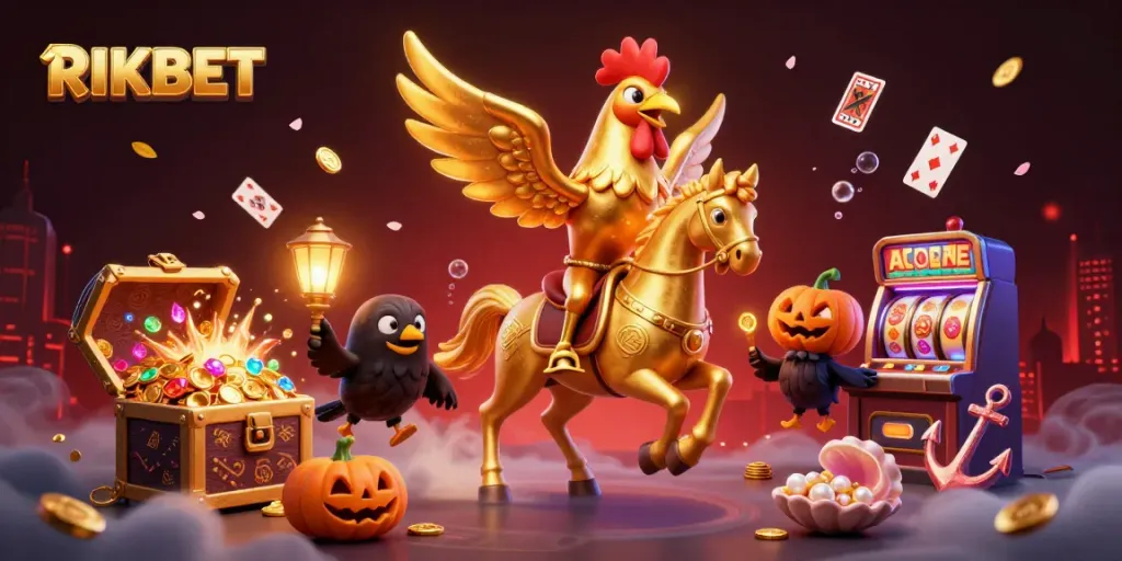 Experience winning thrills with RIKBET's vibrant golden rooster mascot in an enchanting casino scene.