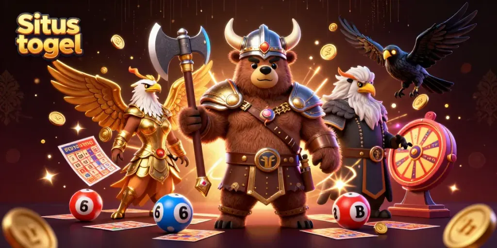 Situs togel lottery scene with a Viking bear, Valkyrie eagle, and glowing elements.