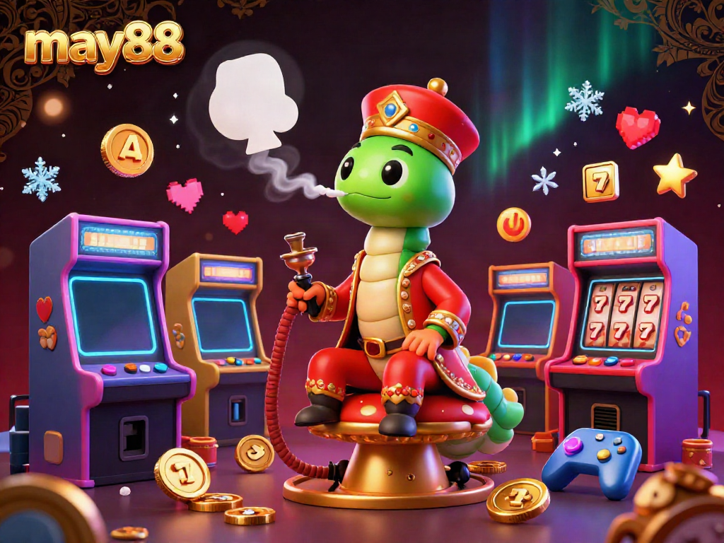Experience may88's vibrant casino atmosphere with a hookah-master caterpillar and lively game elements.