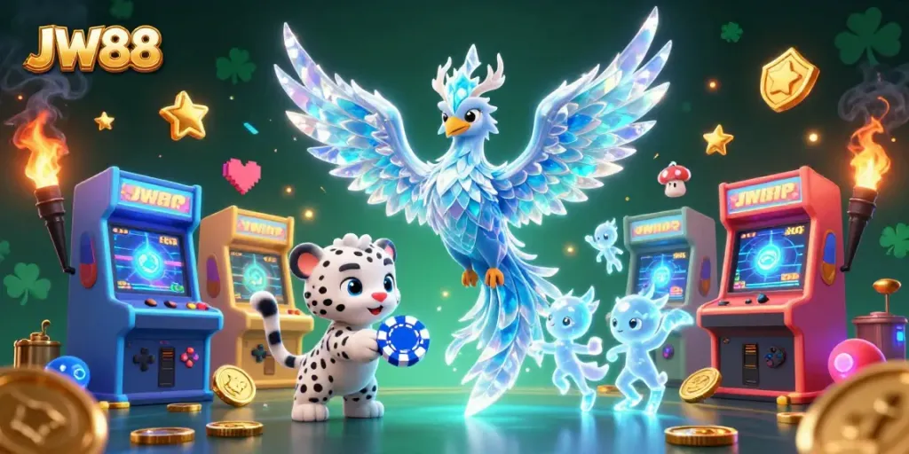 Engage with JW88 through a vibrant casino scene featuring an ice phoenix, snow leopard, and dazzling gaming elements.